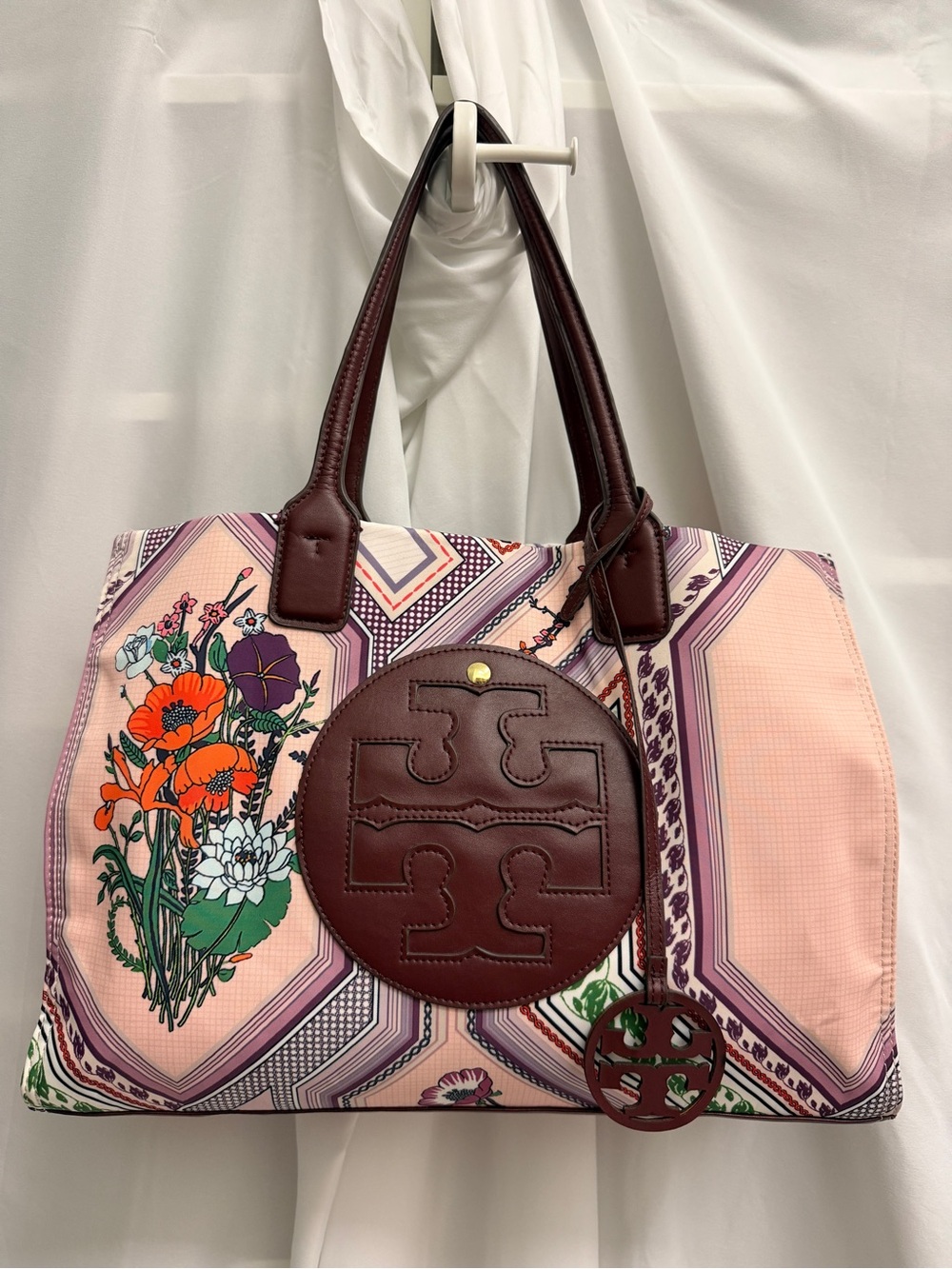 Tory Burch Large Ella Tote Geometric Floral Scarf Print Burgundy Leather Logo - Picture 15 of 15
